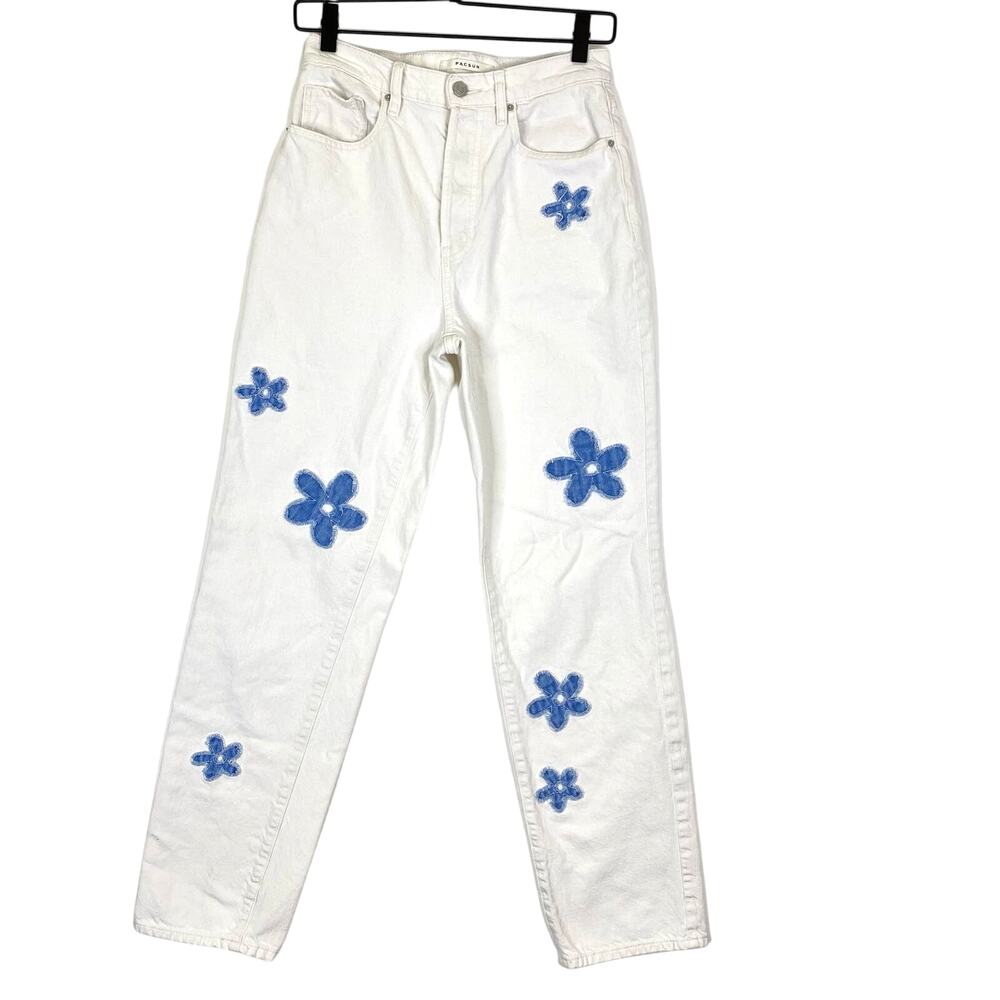 PACSUN Flower Patch Dad Jeans Women's Sz 26 White Denim High Rise Straight Leg
